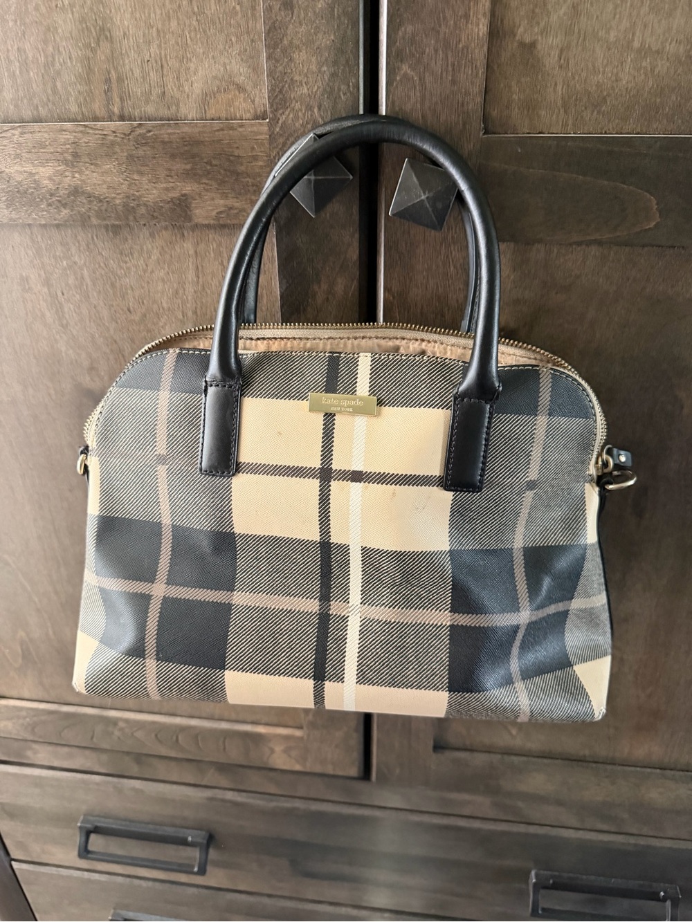 kate spade Black and Beige Plaid Dome Satchel